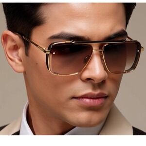 Square Aviator Sunglasses Gold Frame Brown Gradient‎ Lens Fashion Shades Classy